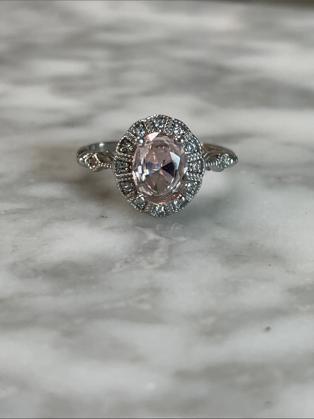 Delicate Morganite Halo Ring 925 Sterling size 6